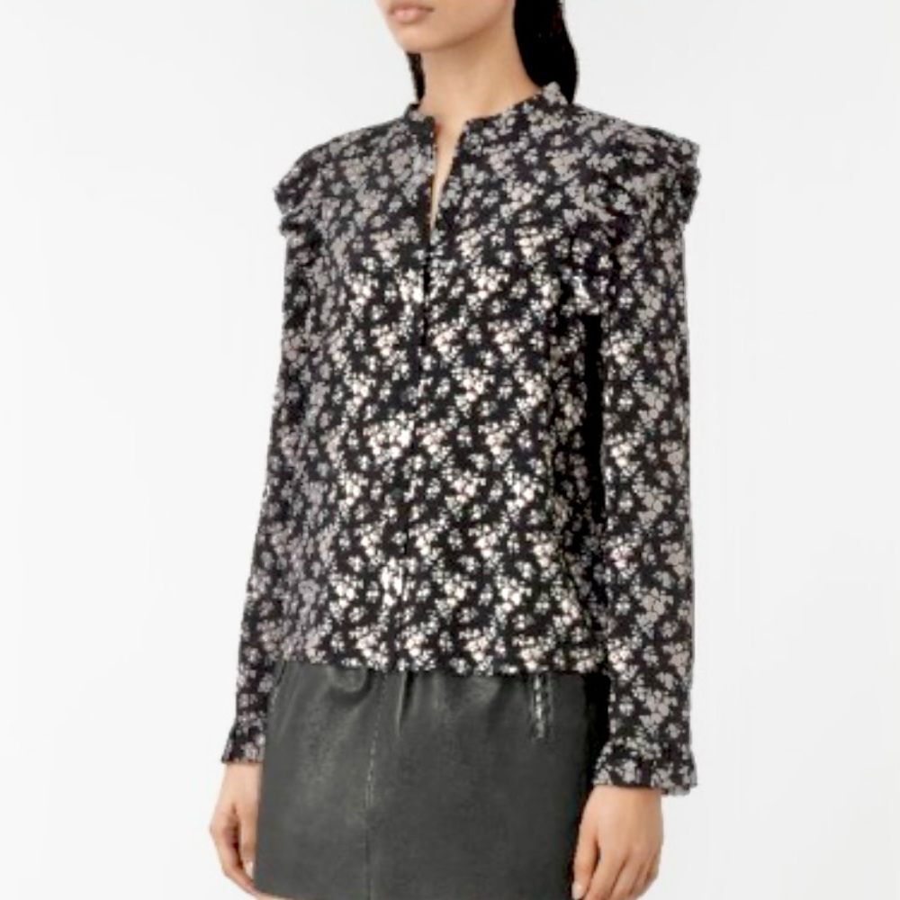 All Saints Edin Nevin Silk Ruffled Buttondown Shirt Size US 6 in Dark Floral